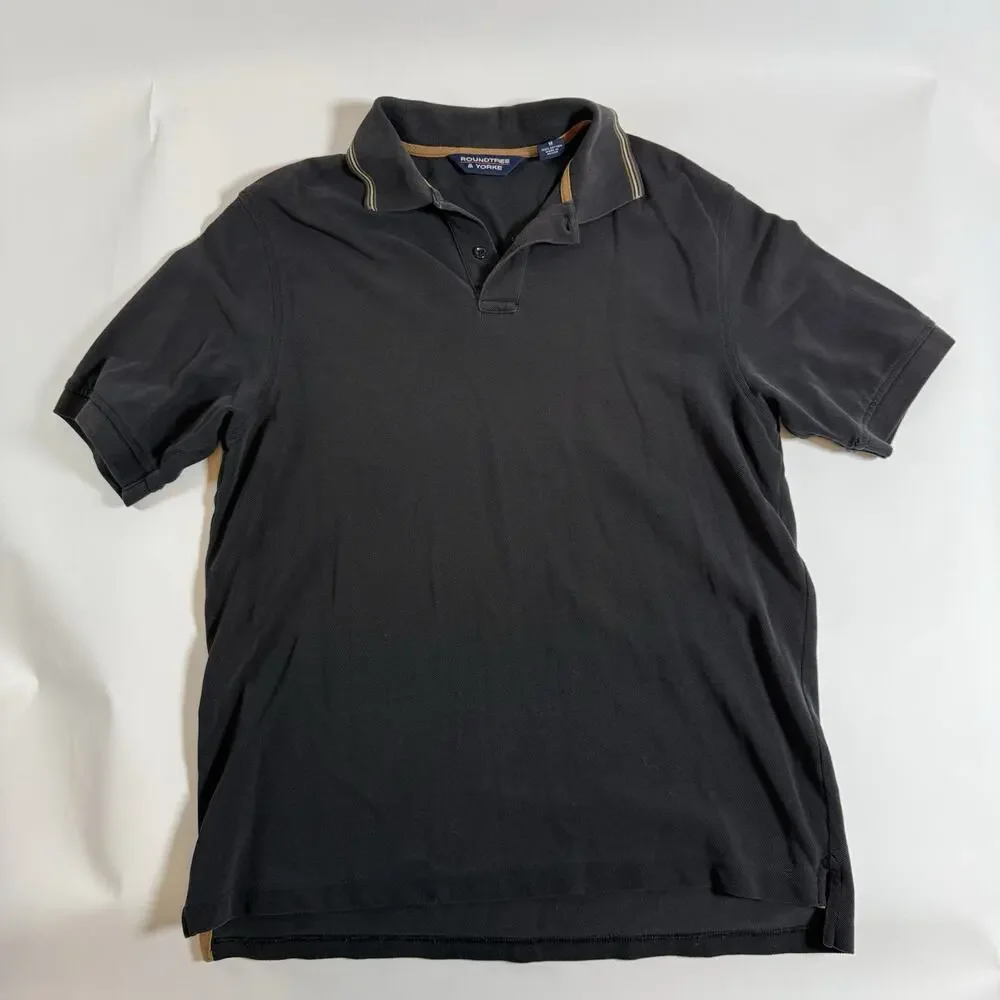 Roundtree & Yorke Men's M Regular Polo Shirt Black Solid S/S Collared Cotton